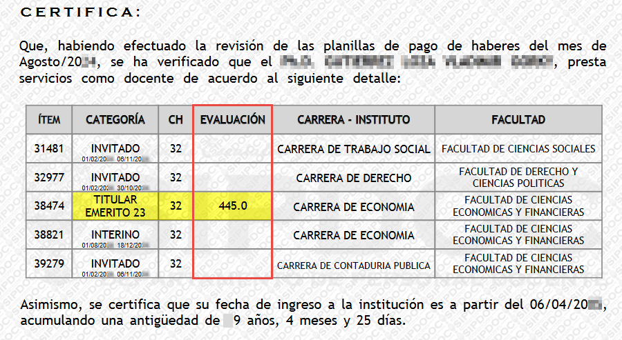 Certificado con puntaje de evaluación