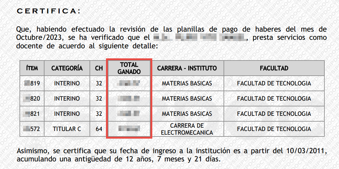 Certificado con monto salarial